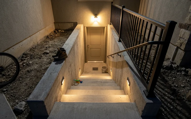Walkout stairs with handrail and lighting leading to a basement suite door