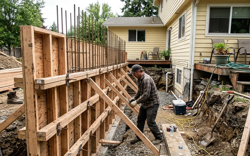 Wall forms and rebar for a walkout retaining wall before the pour