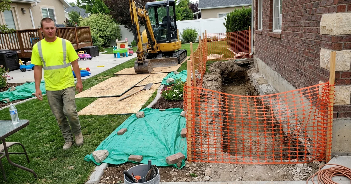 Backyard during walkout construction with fencing, equipment and protected landscaping