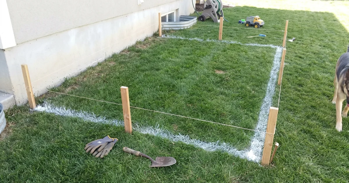 Backyard with stakes and paint marking a future walkout location by the foundation