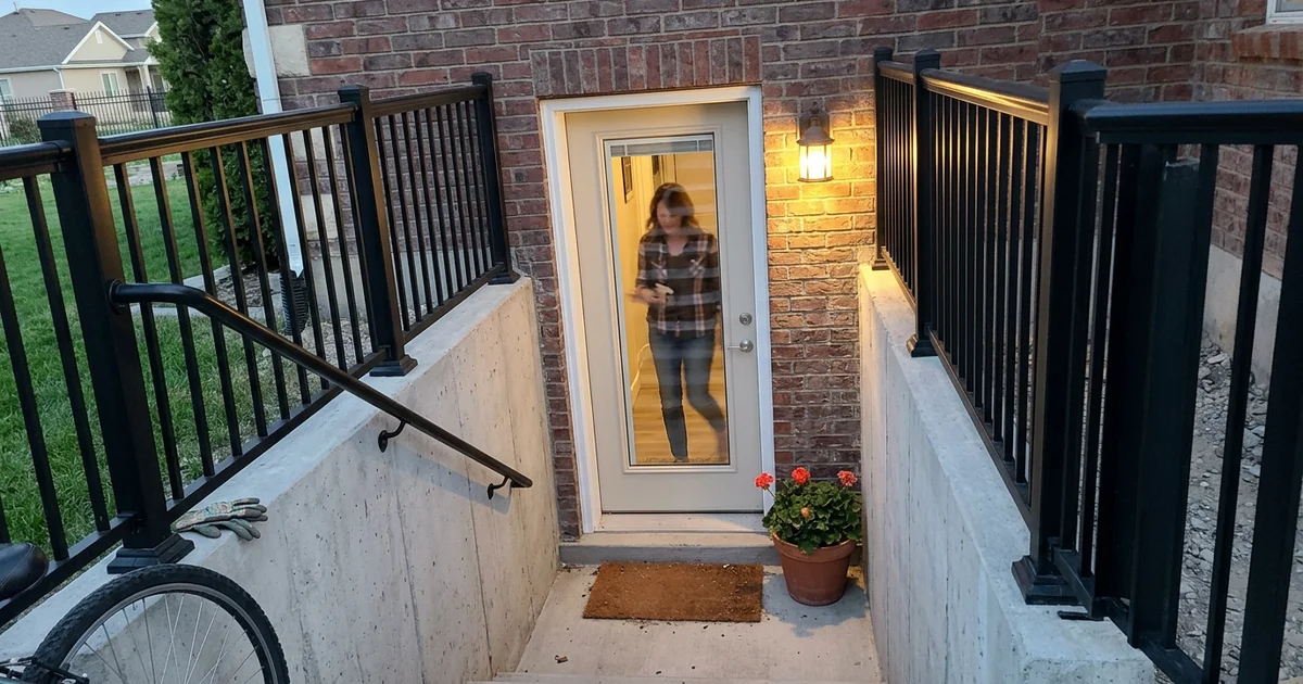 Basement walkout entrance with exterior light and door serving a lower-level suite