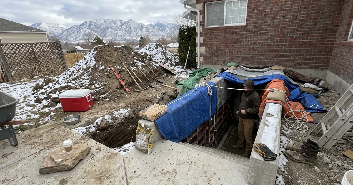 Walkout excavation with light snow on the ground and covered formwork in a Utah winter