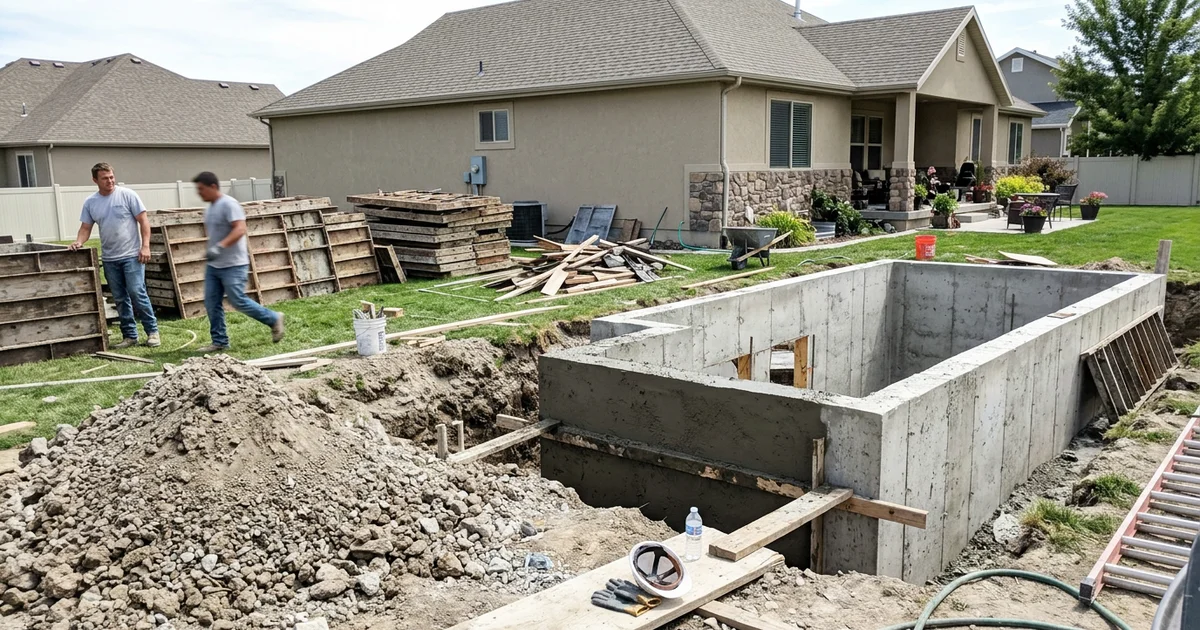 Walkout mid-construction with concrete walls curing and backfill pending