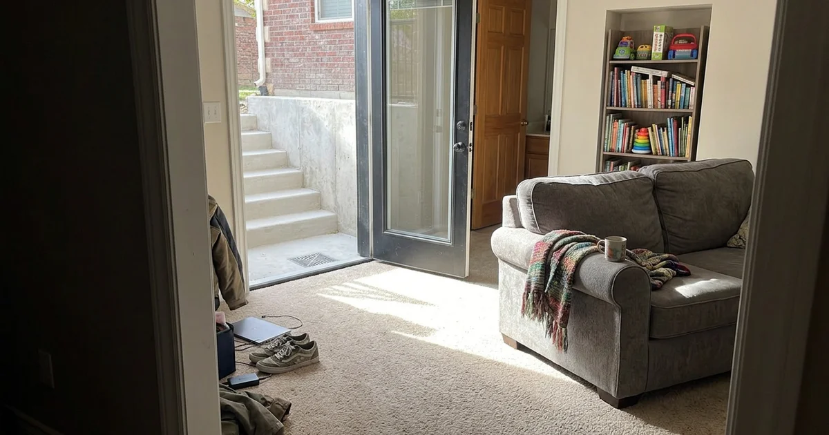 Bright finished basement room seen through an open walkout door