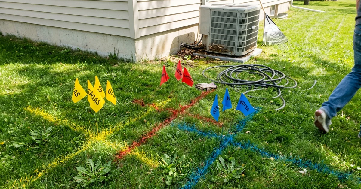 Utility locate flags and paint marks near a house foundation and AC unit