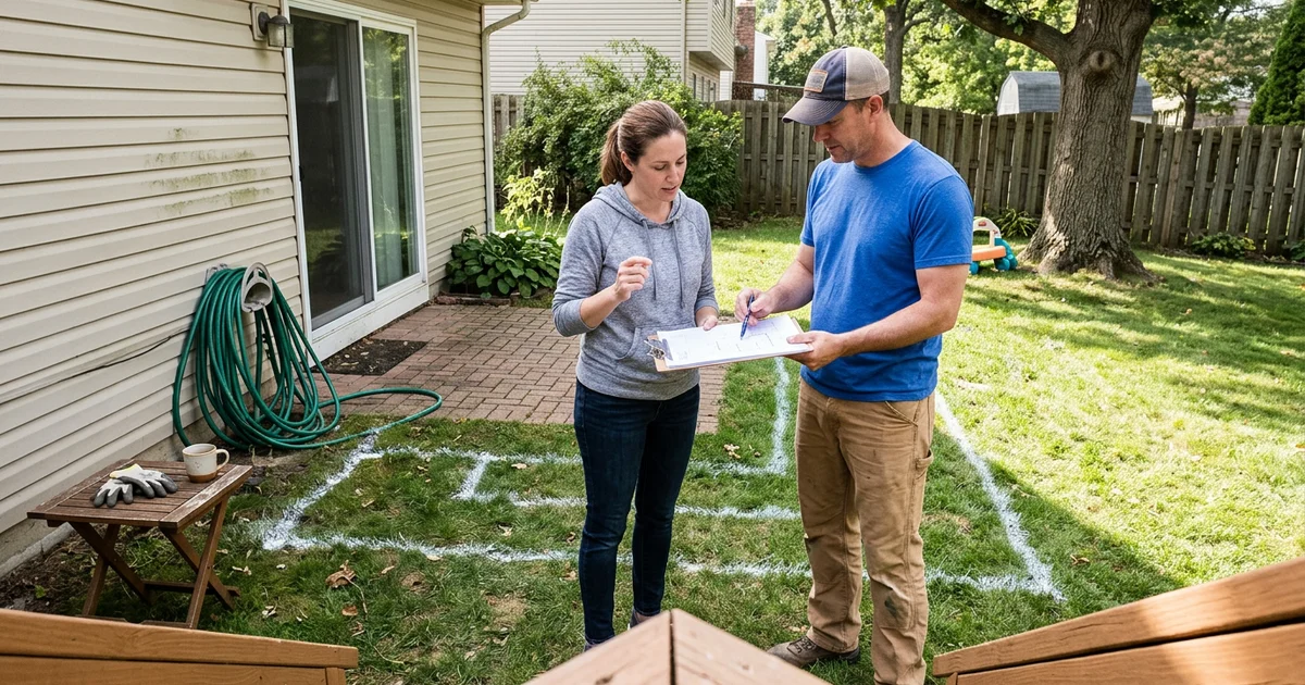 Contractor and homeowner reviewing plans beside a marked walkout location