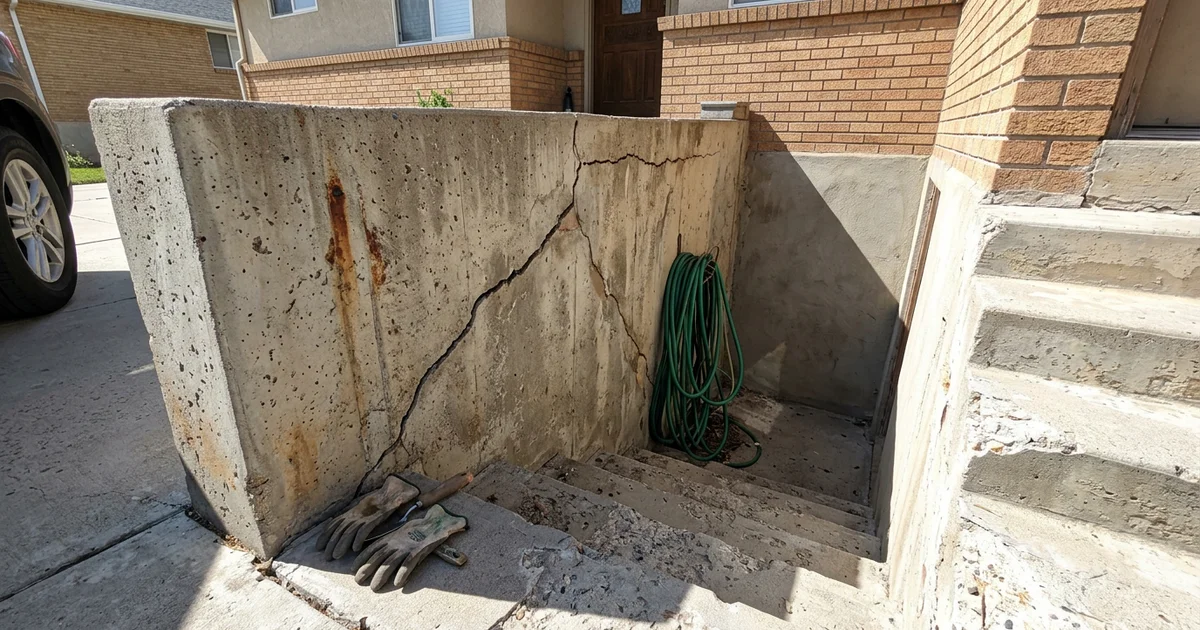 Cracked and leaning concrete walkout retaining wall with spalled steps