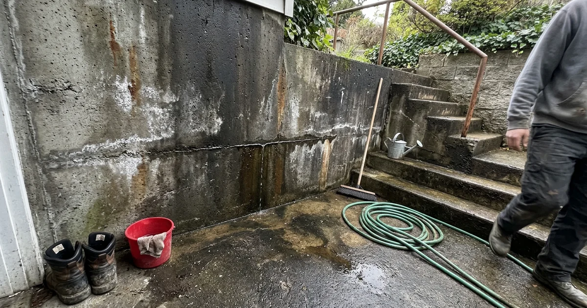 Damp concrete at the base of a walkout wall with water seeping at a joint