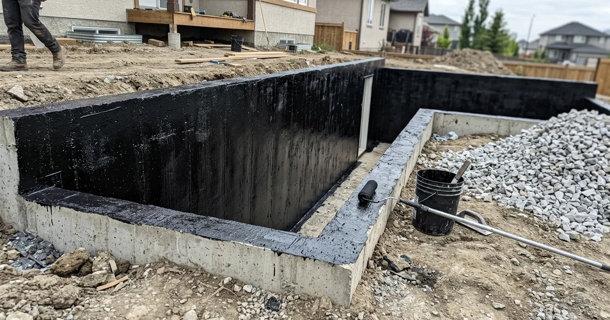 Dark waterproofing membrane applied to new concrete walkout walls before backfill