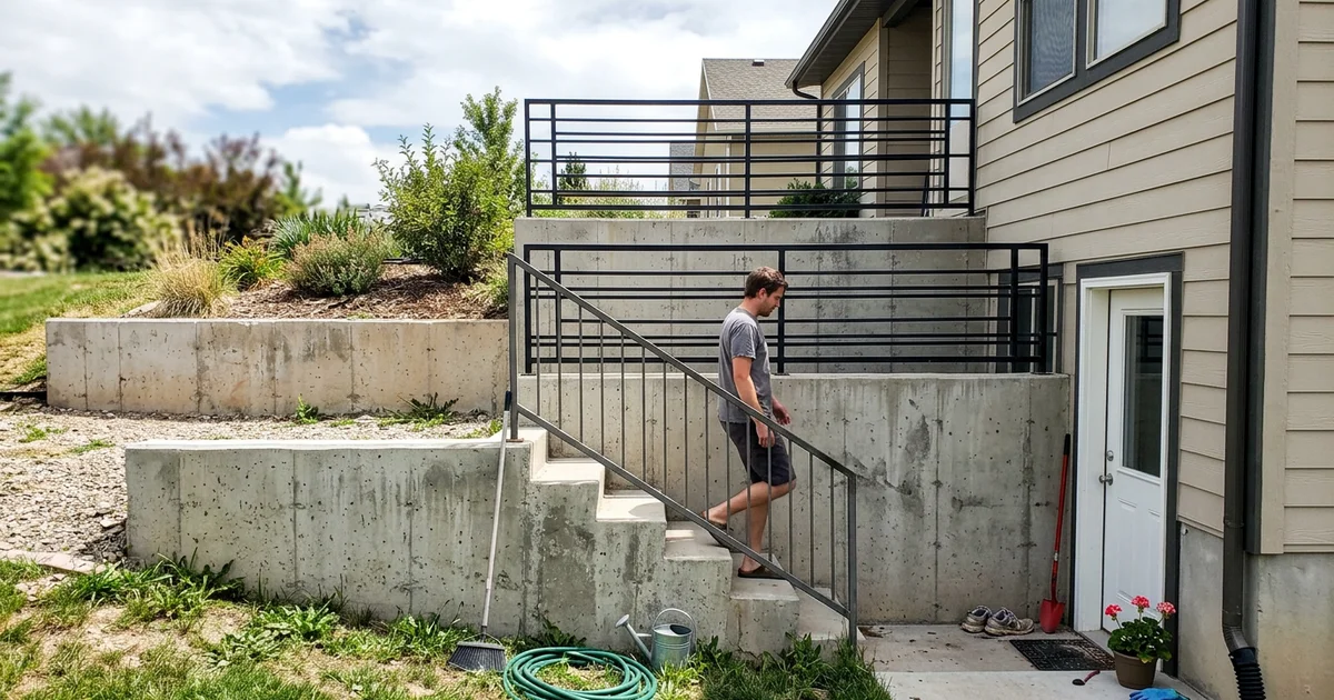 Concrete retaining walls lining a walkout stairwell beside a Utah house