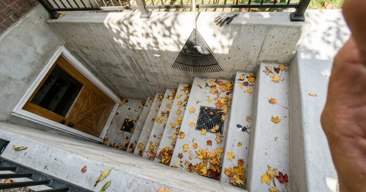 Fallen autumn leaves collected around a walkout catch basin grate in a Utah backyard