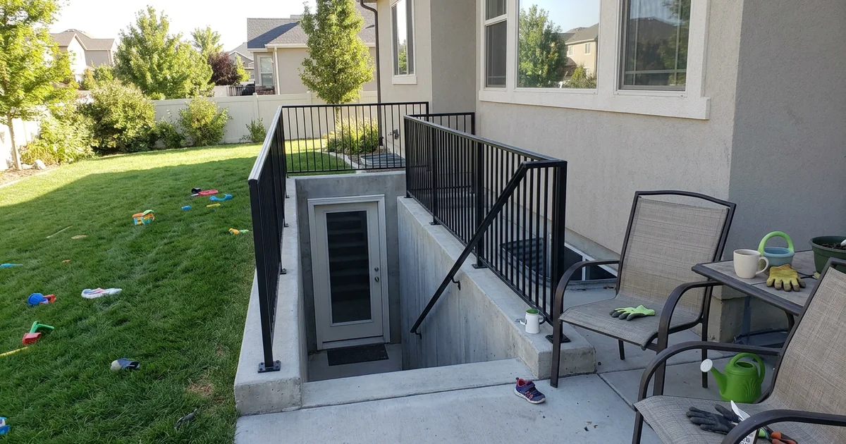 Finished concrete basement walkout with railing and door behind a Utah suburban home