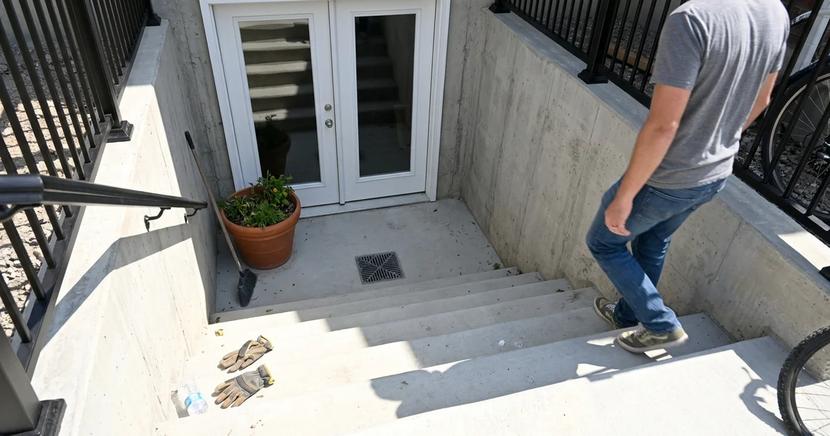French doors at the bottom of a wide concrete walkout stairwell