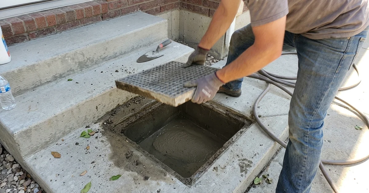 Hands lifting a grate from a walkout catch basin to check for sediment