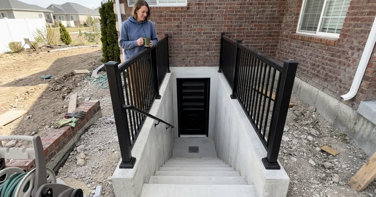 Homeowner looking down a newly built concrete basement walkout stairwell