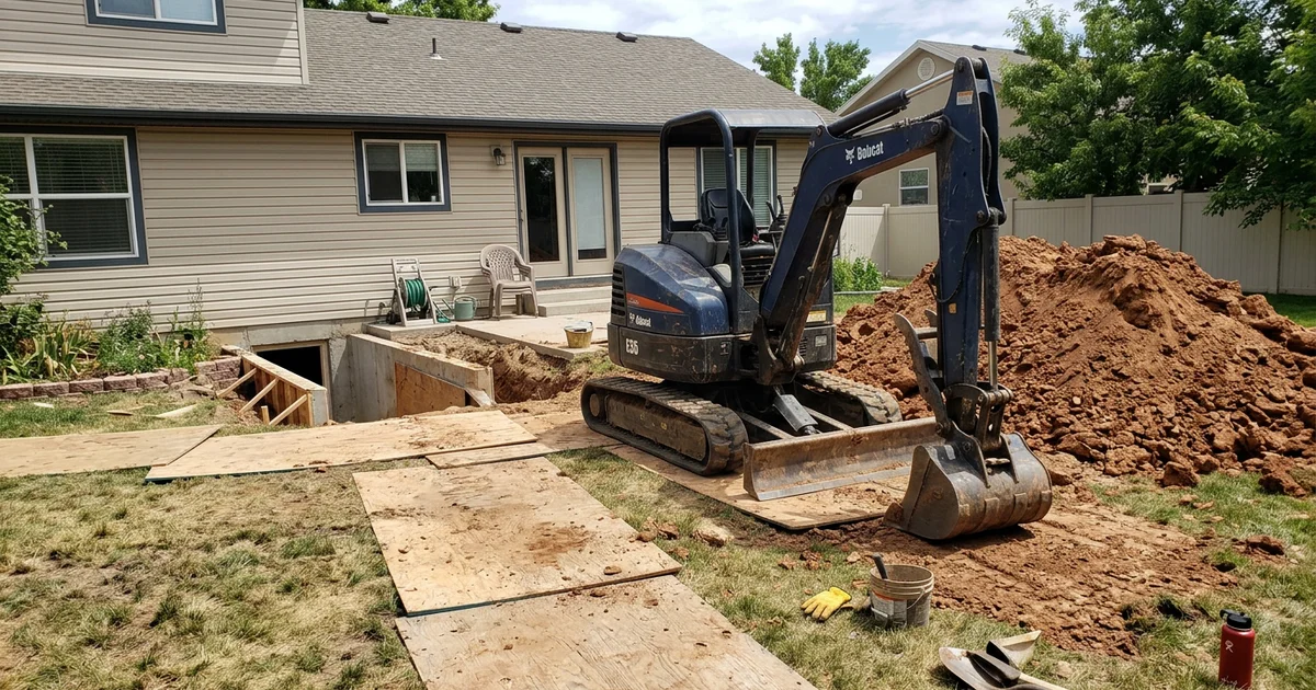Large pile of excavated dirt beside a walkout excavation with a compact excavator