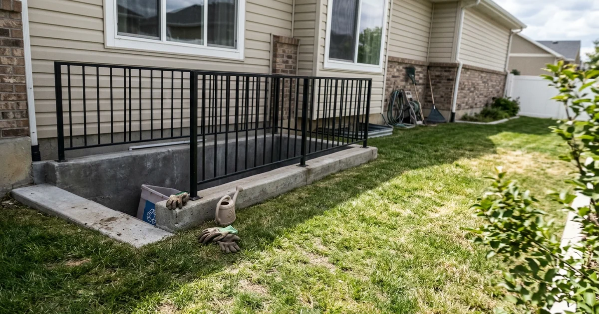 Lawn sloping away from the top of a concrete walkout stairwell with a raised curb