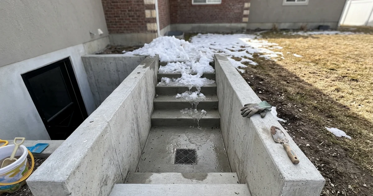 Melting snow piled at the top of a walkout stairwell with water running down the steps