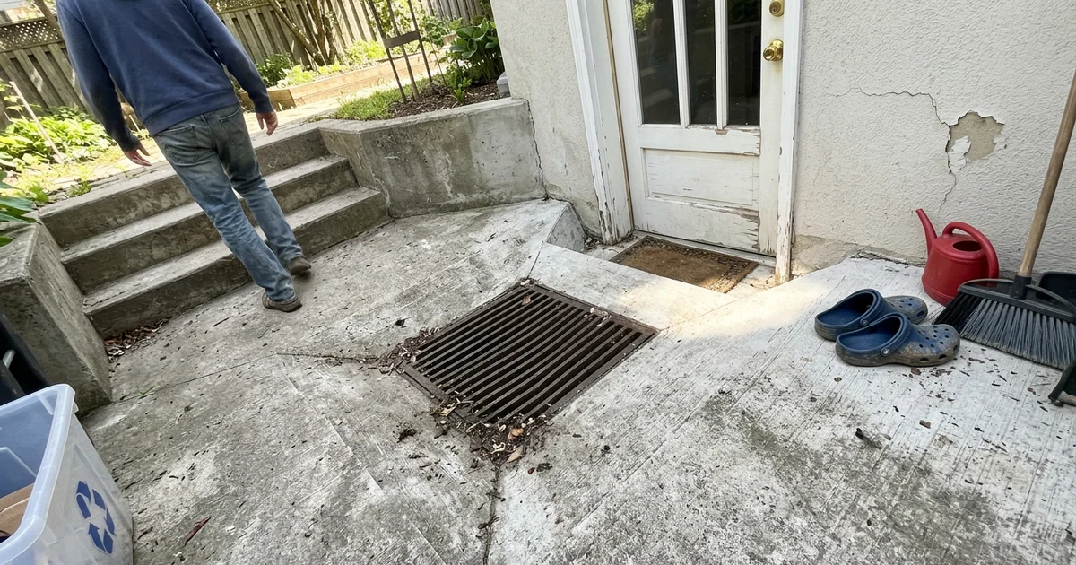 Oversized accessible catch basin grate in the concrete landing of a walkout stairwell