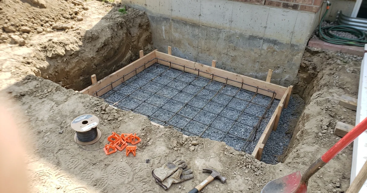 Rebar grid and footing forms in a walkout excavation next to a house foundation