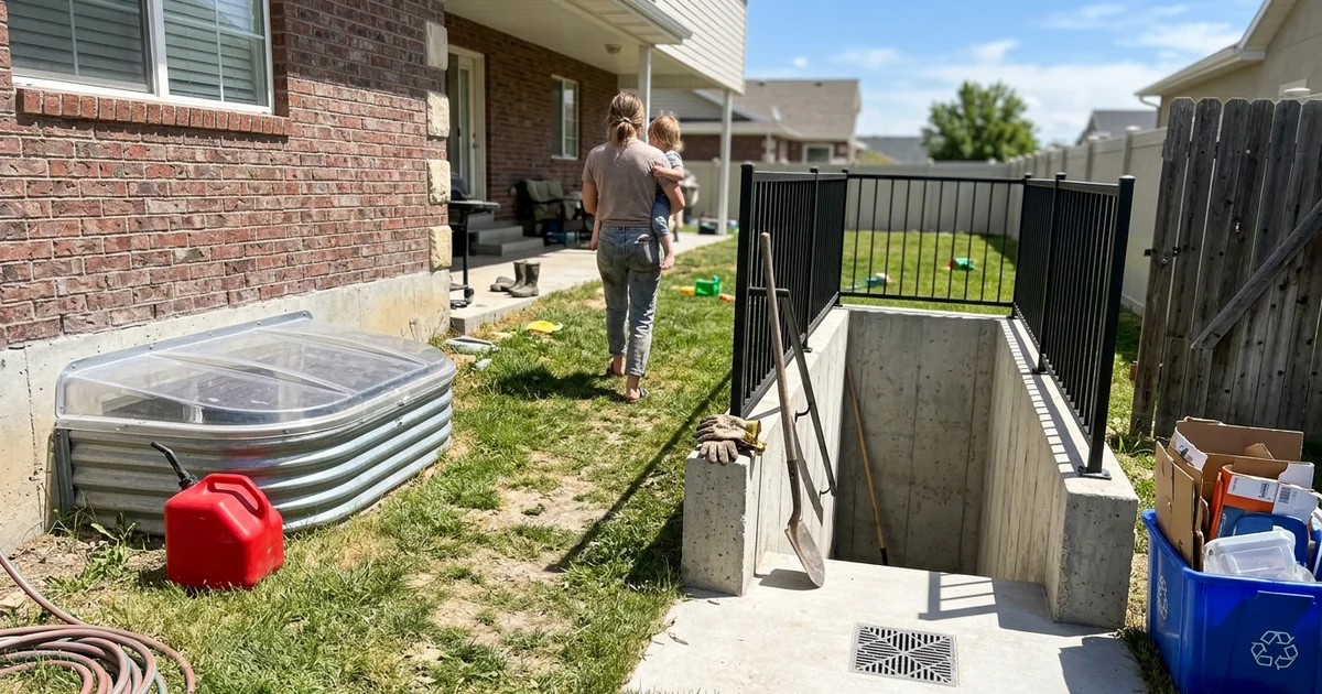 An egress window well next to a basement walkout stairwell