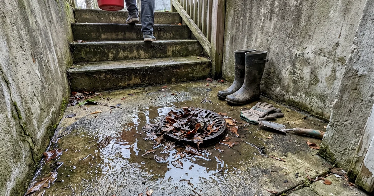 Small clogged floor drain at the bottom of an old walkout stairwell with standing water