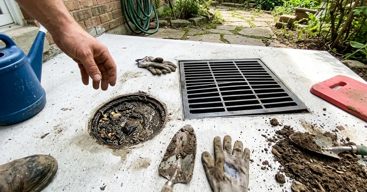 Small clogged walkout drain next to a newly installed large catch basin