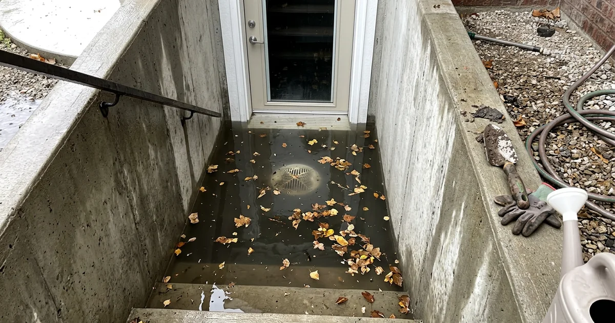 Standing rainwater pooled at the bottom of a basement walkout near the door