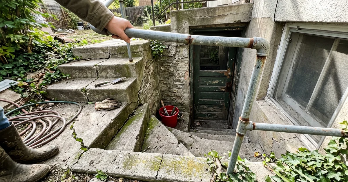 Steep, narrow, cracked concrete steps leading down to an old basement door