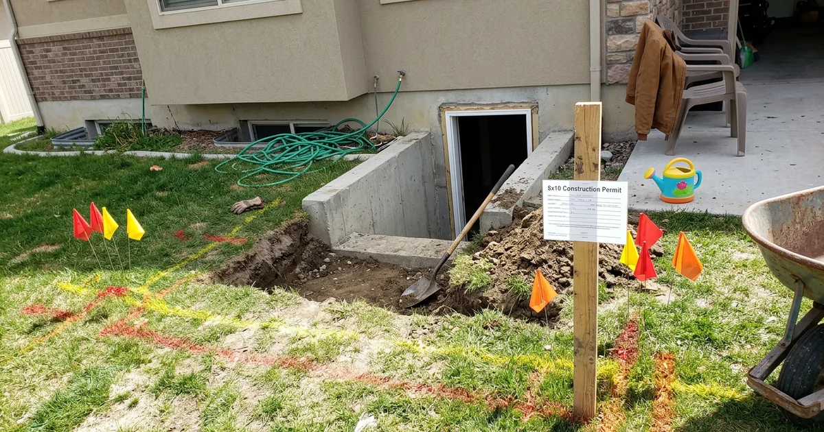 Walkout excavation with utility locate flags in the lawn of a Utah home