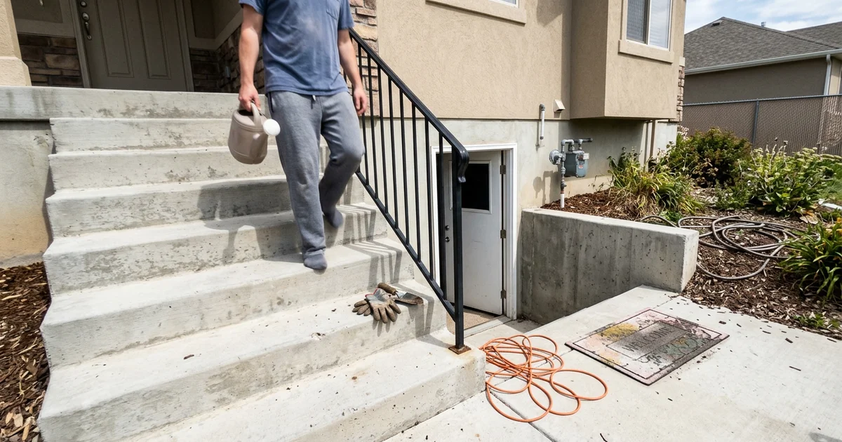 Wide comfortable concrete walkout stairs with railing leading to a basement door