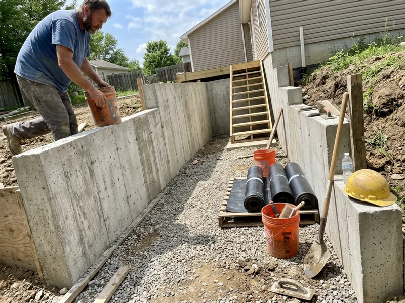 Illustration of new concrete walkout walls curing before backfill