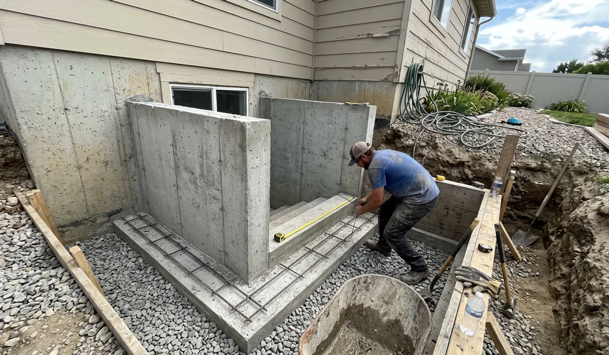 Illustration of a basement walkout under construction with formed walls, rebar and drain rock