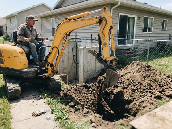 Illustration of a compact excavator digging a walkout stairwell beside a foundation