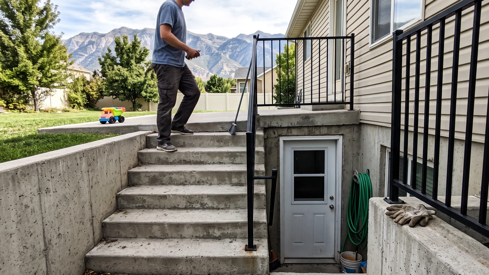 Illustration of a concrete basement walkout behind a Utah home with mountains behind