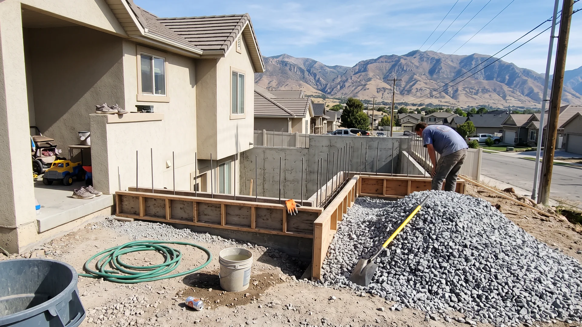 Illustration of a basement walkout under construction beside a Utah home