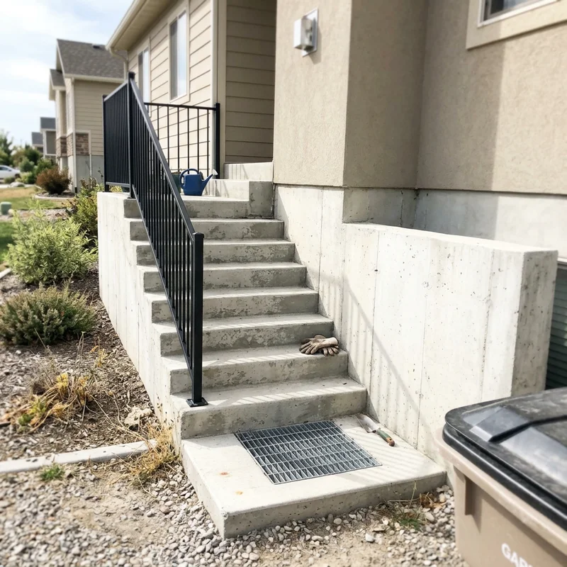 Illustration of a finished concrete basement walkout stairwell with railing and catch basin