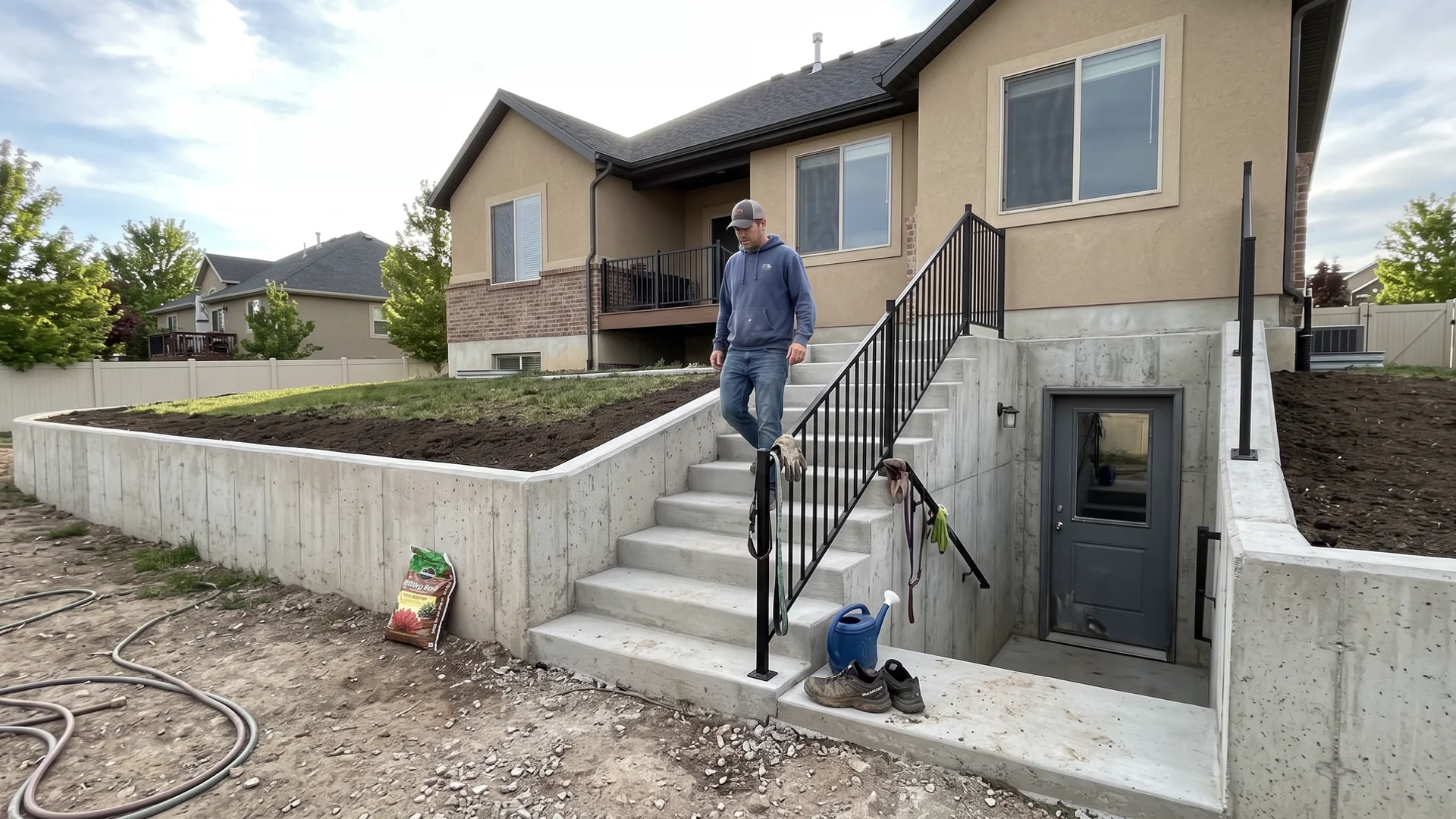 Illustration of a newly built concrete basement walkout with retaining walls, stairs, railing and door behind a Utah home