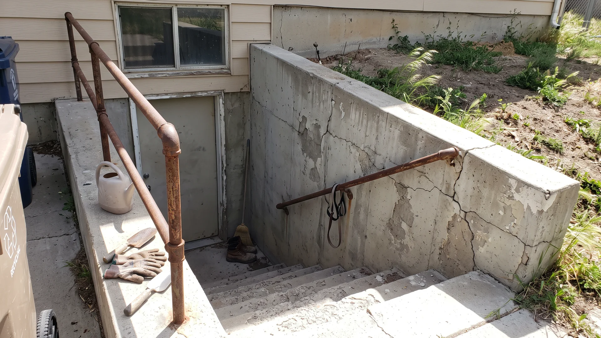 Illustration of an old basement walkout with a cracked, leaning wall and spalled steps