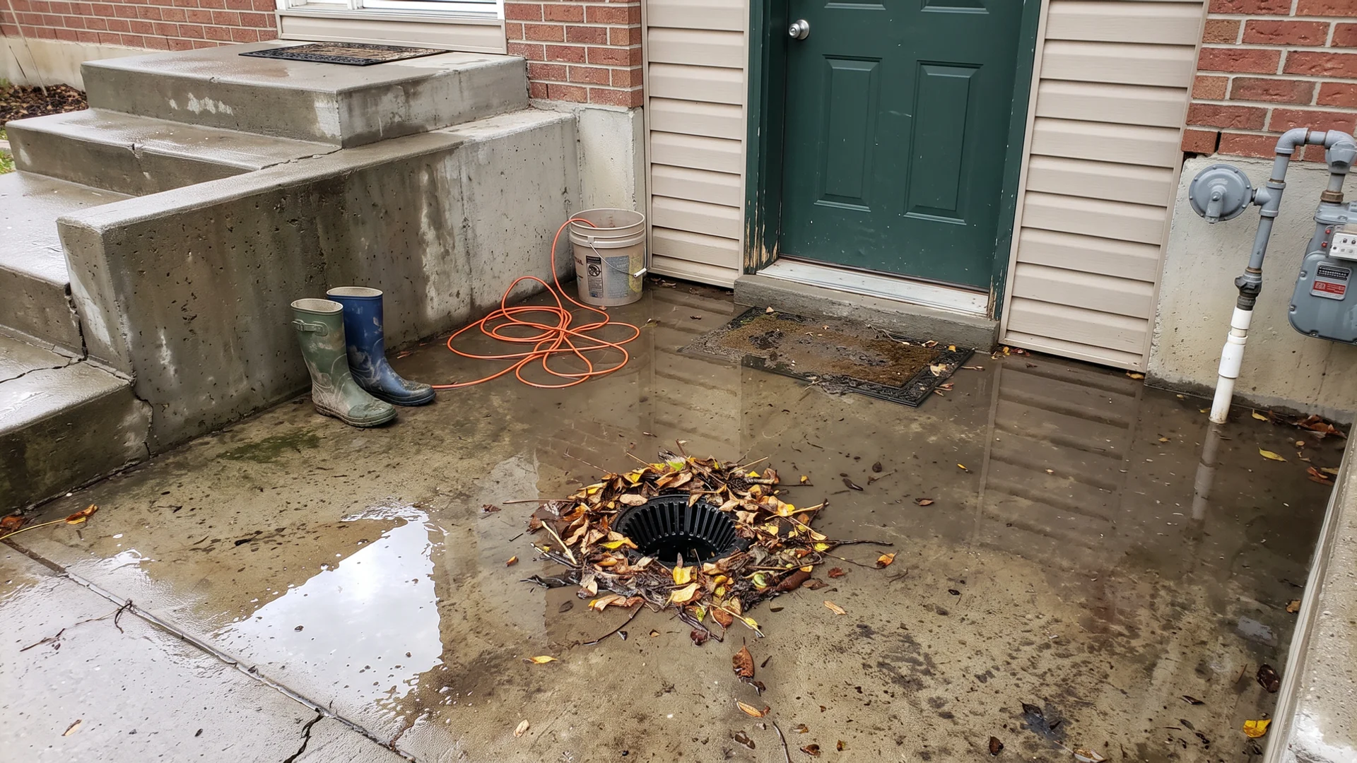 Illustration of rainwater pooling at the bottom of a basement walkout near the door