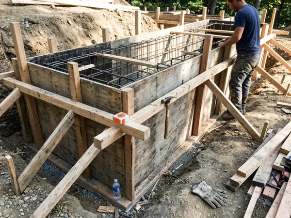 Illustration of rebar and wall forms for walkout retaining walls