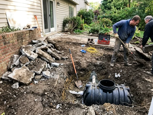 Illustration of a walkout landing removed to install a new drainage system