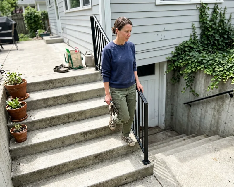 Illustration of comfortable walkout stairs with deep treads, even risers and a handrail